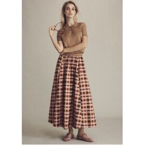 Anthropologie Jacie Poplin Printed Cotton Red Plaid Size Large Maxi Skirt NWT